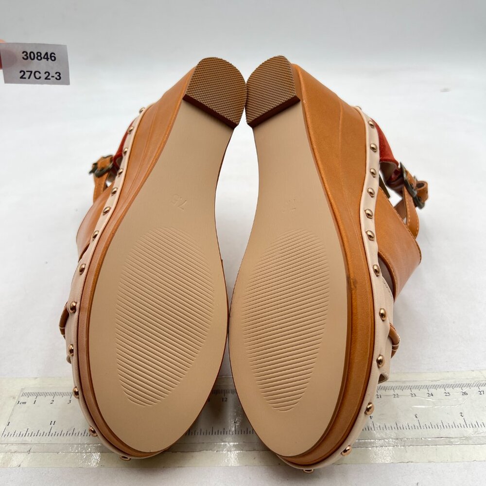 FSJ Tan Open Toe Buckle Strap Platform Shoes Studded Vintage Wedge Heels - Picture 7 of 8